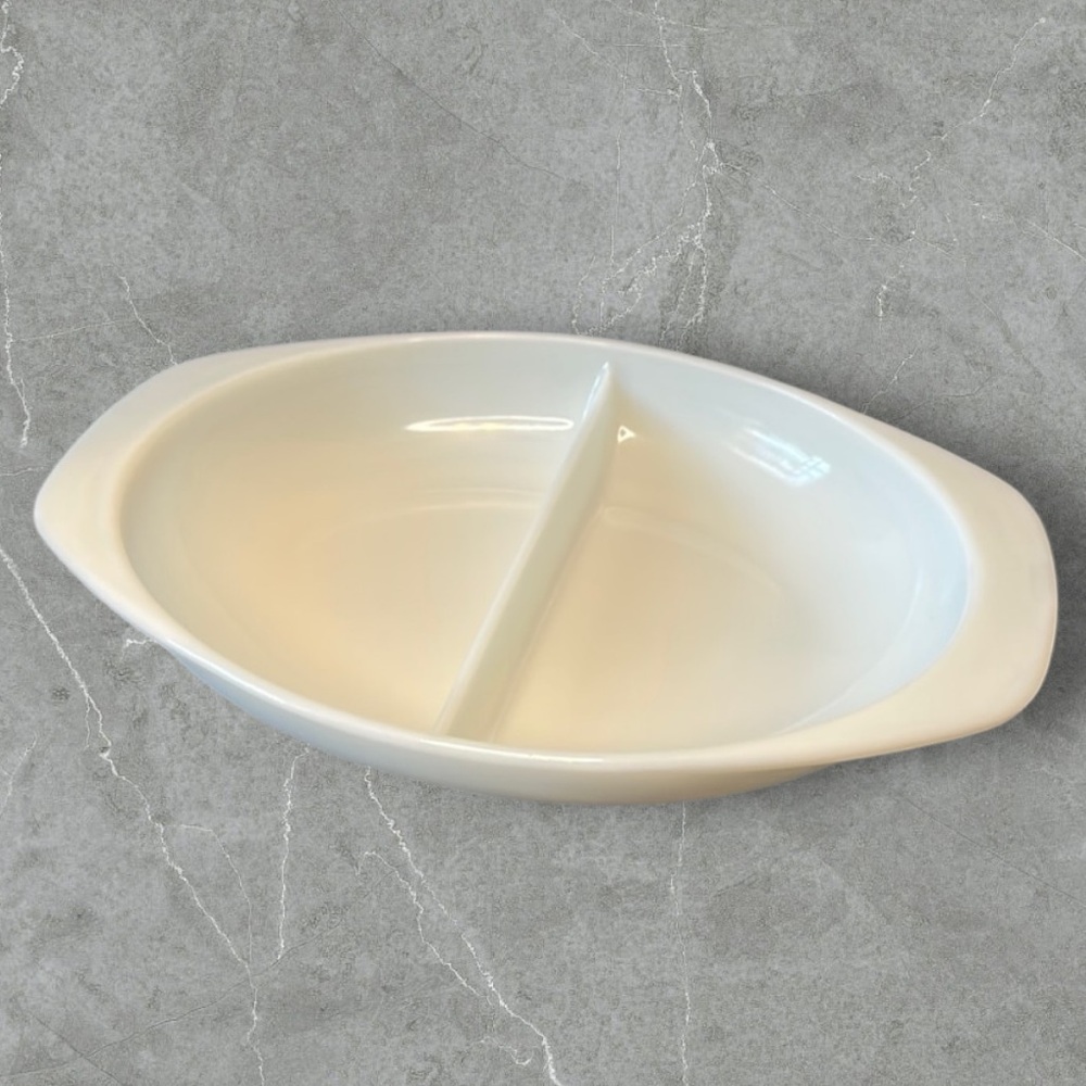 Pyrex 1.5qt white milk glass oval divided dish made in USA 13X9 inch